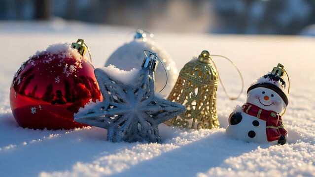 A festive collection of colorful Christmas ornaments including a snowman and star resting in the pristine white snow at sunrise