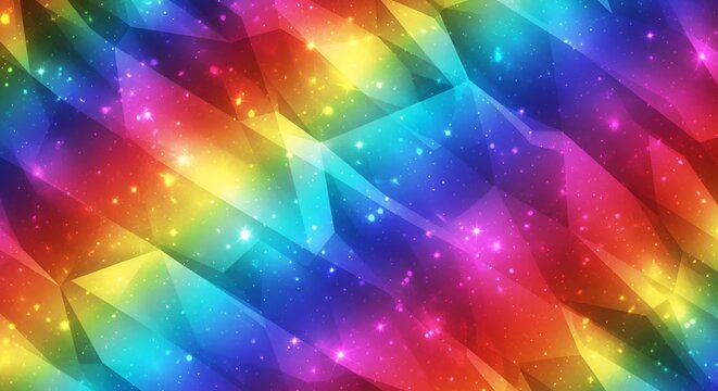 Vibrant rainbow crystal abstract background with light sparkles and geometric shapes