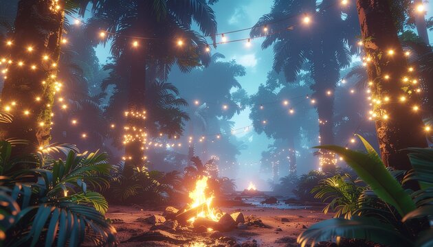 Enchanting tropical jungle night scene with glowing string lights illuminating lush palm trees and a warm, inviting campfire.