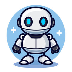 Cute robot character with blue eyes stands on a blue circle background isolated on transparent background