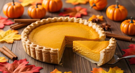 Homemade Pumpkin Pie with Autumn Decoration on a Wooden Table