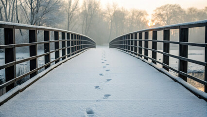 Fototapeta premium Snowy bridge with dark railings creates weird and scary christmas scene at sunrise in quiet winter landscape with footprints leading forward