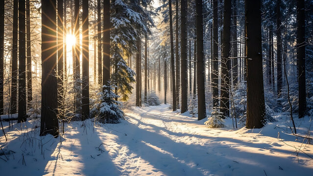 Sunlight streams through snow-covered pine trees in a serene winter forest landscape