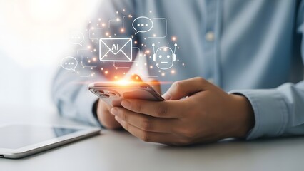 Man using smartphone with digital icons representing communication and technology