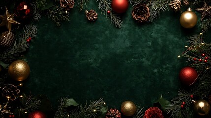 background of green velvet. Various gold and red themed Christmas decoration items like pine cones, globes, mistletoe, pine leaves, stars, lights etc.