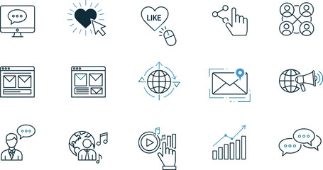 Digital communication icons, social media, messaging, sharing, email, global, interaction, analytics, media, scalable, outline, editable, minimal