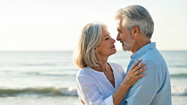 Senior couple embracing on the beach, sharing joyful moments with gentle ocean waves in the background, camera pans to capture their connection and happiness