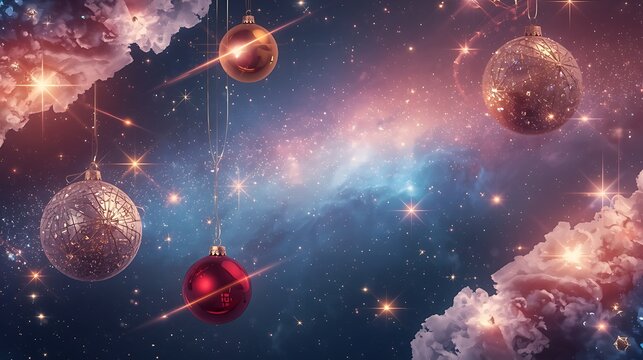 galaxy-like space environment filled with floating metallic ornaments, glowing stars, crystalline snowflakes, and shimmering particles