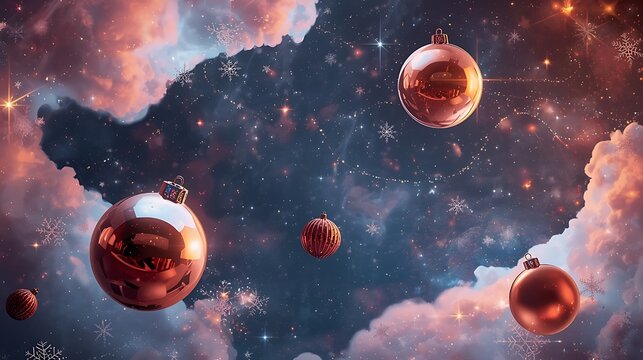 galaxy-like space environment filled with floating metallic ornaments, glowing stars, crystalline snowflakes, and shimmering particles