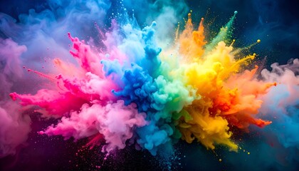 Obraz premium A vibrant explosion of colorful powder puffs outwards on a dark background