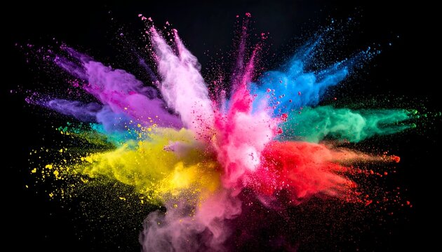 A vibrant, colorful explosion of powder particles against a stark black background