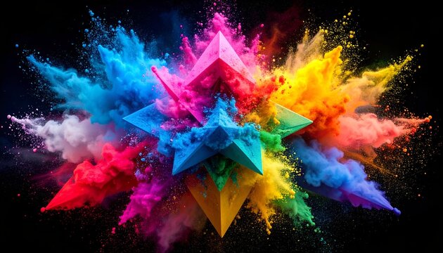 Vivid explosion of colorful powder surrounding a central crystalline star shape on black