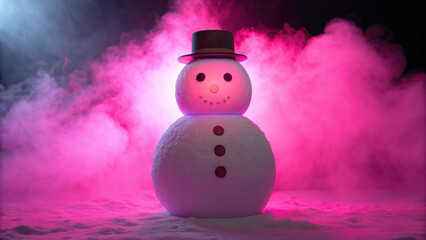 Christmas snowman with weird dark vibe stands in pink fog creating scary yet festive atmosphere for winter holiday celebration