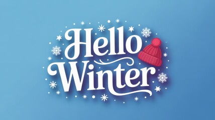 Hello winter greeting with decorative typography and red knit hat
