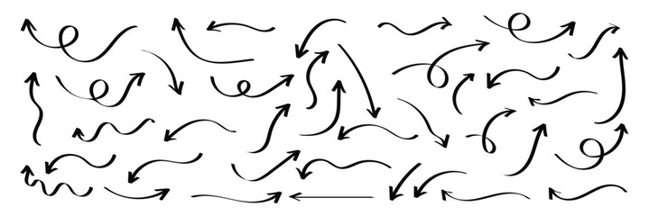 Hand drawn arrows icon set. Sketch curved arrows design. Arrow handmade. Doodle arrows shapes and directions. Pointer and cursor icons. EPS 10