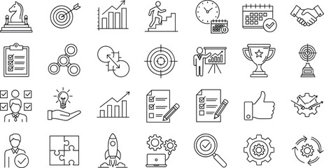 Business icons, productivity symbols, goal setting, strategy, achievement, growth chart, time management, teamwork, checklist, innovation, launch