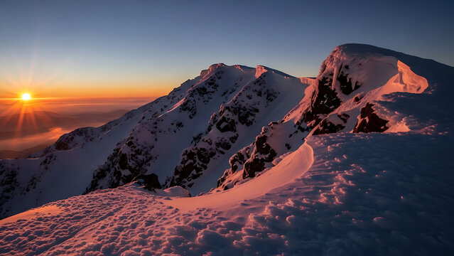 Golden sunrise illuminates snow-capped mountain peaks, casting long shadows across a rugged alpine landscape