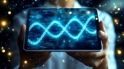 Person Holding Tablet Displaying Digital DNA Sequence - Powered by Adobe