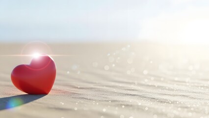 Fototapeta premium Red heart on sandy beach with sun flare and bokeh