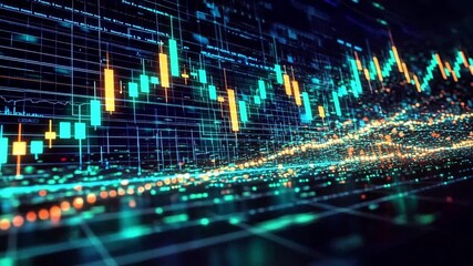 Abstract Financial Data Analysis Graph Showing Candlestick Charts and Digital Information Flow in a Futuristic Interface - Powered by Adobe