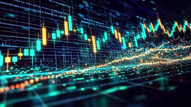 Abstract Financial Data Analysis Graph Showing Candlestick Charts and Digital Information Flow in a Futuristic Interface