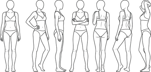 Human figure pose sketch, multi-angle body template, front side back view, cad drawing flat vector illustration design