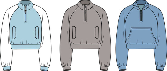 Pullover half-zip jacket sketch, collar and pocket variation, front view flat template, cad drawing flat vector illustration design