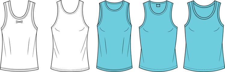 Tank top fashion sketch, neckline and bow variation, front view flat template, cad drawing flat vector illustration design