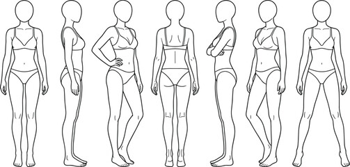 Female figure pose sketch, multi-angle body template, front side back view, cad drawing flat vector illustration design
