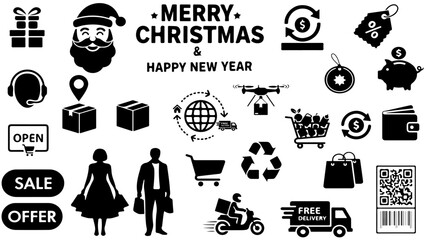 silhouette e-commerce Christmas new year vector holiday shopping icons online market festive sale graphic design pack.