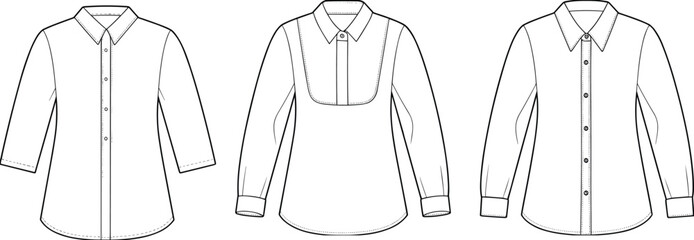 Women’s blouse fashion sketch, collar and sleeve variation, front view flat template, cad drawing flat vector illustration design