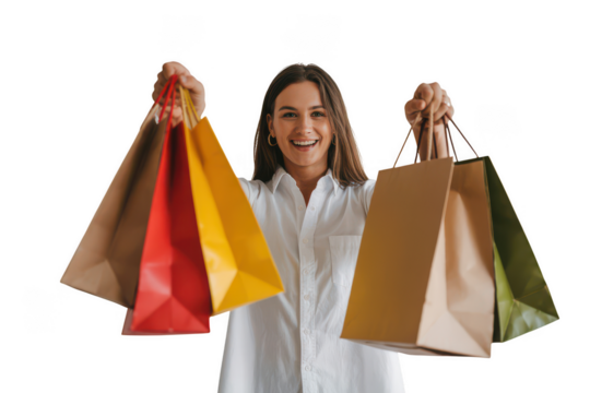 Smiling woman holding shopping bags isolated on transparent background