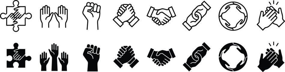 Unity and Teamwork Icons Set Representing Cooperation, Solidarity, Support, Partnership, Togetherness, Collaboration, Connection, Mutual Help, and Community Spirit