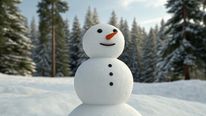 Obraz premium Christmas snowman stands in weird dark snowy forest with scary smile surrounded by pine trees under clear sky