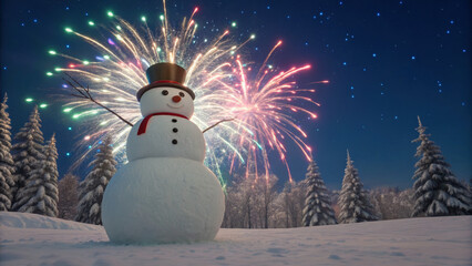 Christmas night with scary weird snowman in dark snowy forest as colorful fireworks light up sky joyfully