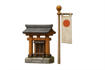 Miniature japanese shrine and flag on transparent background