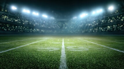 Obraz premium Football field, bright lights shine on green grass in a packed stadium