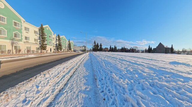 Snowy Anchorage Neighborhood With Hotel Under Clear Blue Sky. 