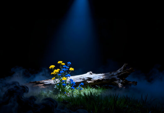 Spotlight on Wildflowers and Fallen Tree in Dark Misty Forest Scene - Powered by Adobe