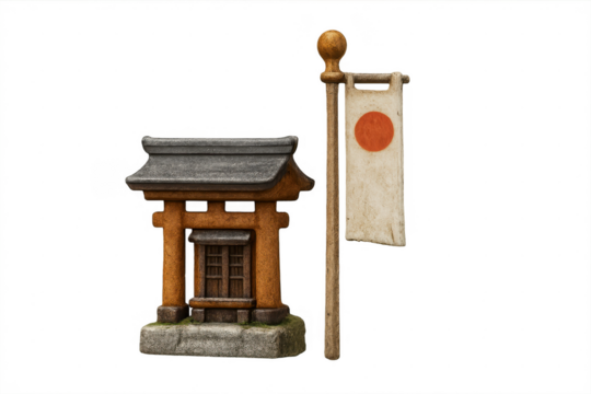 Miniature japanese shrine and flag on transparent background