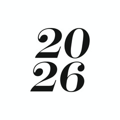 Minimalist 2026 number typography design for calendar and business logo. Elegant black and white 2026 New Year logo icon with decorative serif font
