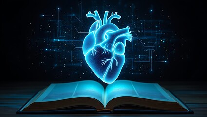 Digital heart illustration emerges from an open book concept design