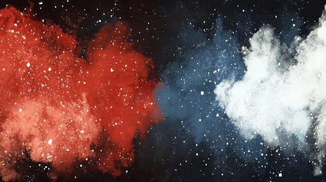 Swirls of red and blue/white powder cloud against dark sky with white specks