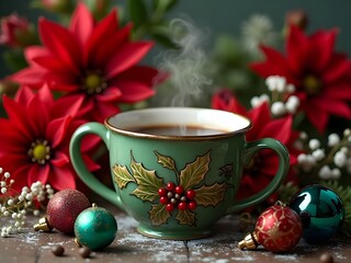 Large cup of steamy coffee in frosted green mug, the mug has a red holly leaf pattern and is surrounded by flowers and Christmas Ornaments
