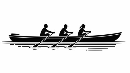 Silhouette of a rowing team of three people in a boat. © Kirana