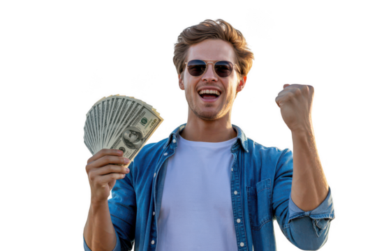 Man holding money isolated on transparent background