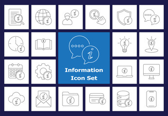 Business and General Information Line Icon Set: Data, Reporting, Help, Knowledge, Documents, and Communication Symbols. Vector Outline.