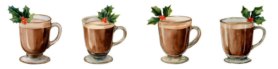 Set of Christmas watercolor coffee mugs with holly sprigs, isolated on transparent background