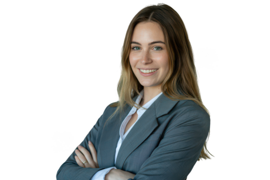 Smiling businesswoman in grey suit isolated on transparent background
