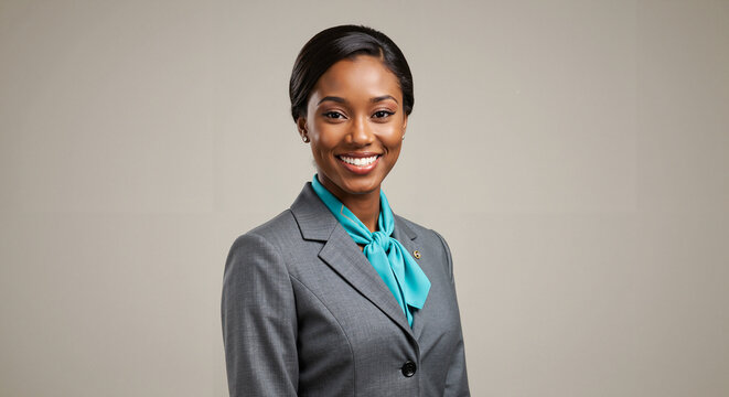 Young black woman smiling in professional suit on neutral background   - Powered by Adobe